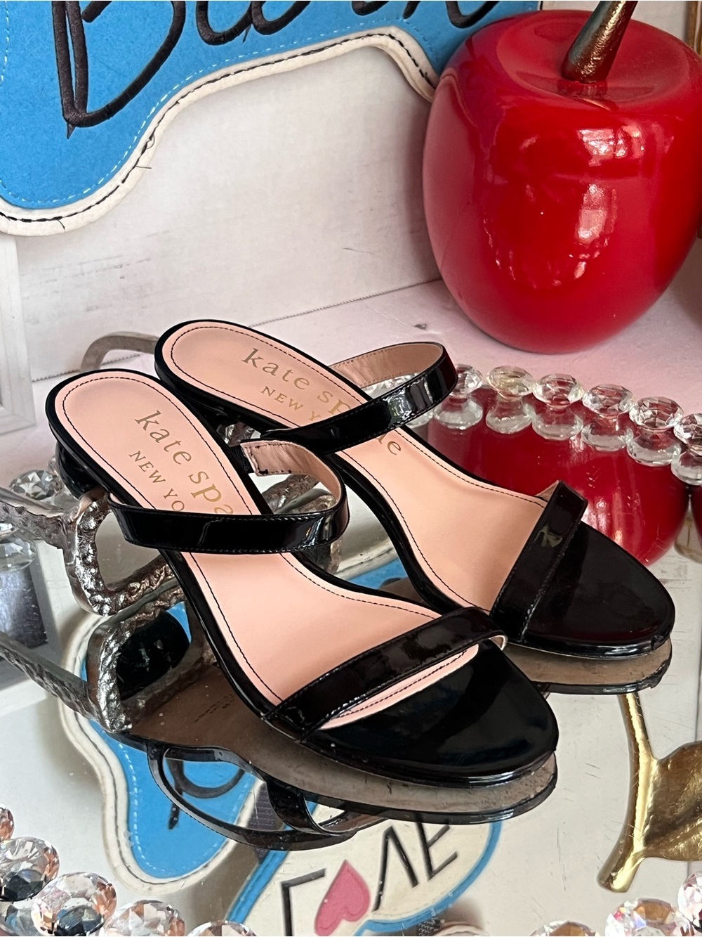kate spade Black Patent Leather Two-Strap Slide Heels size 7 B - Picture 10 of 15